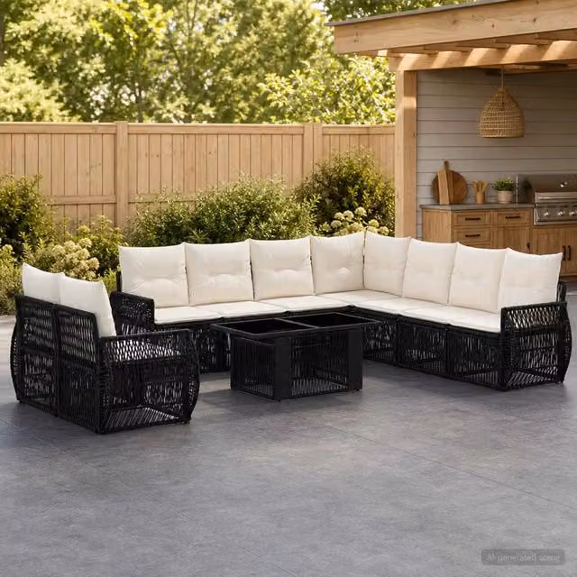 Set Divano da Giardino Moderno vidaXL in Polyrattan Nero e Bianco Crema 10 Pezzi