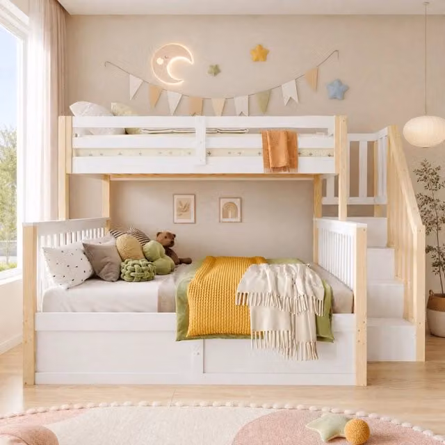 Letto a castello per bambini con contenitore idraulico e scala contenitore, bianco e naturale, L/P: 90x200 cm e 140x200 cm
