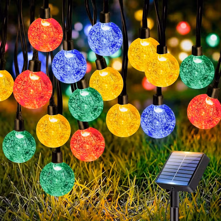 Catena luminosa solare, 10 metri, 30 LED, sfere di cristallo, multicolore, impermeabile