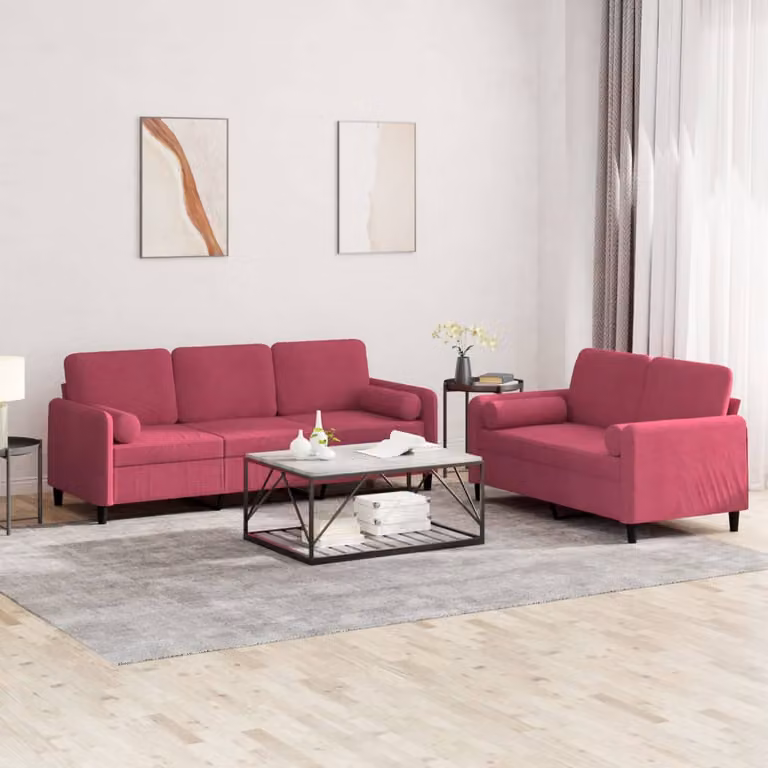 Set di 2 Divani vidaXL in Velluto Rosso con Cuscini per Soggiorno Moderno