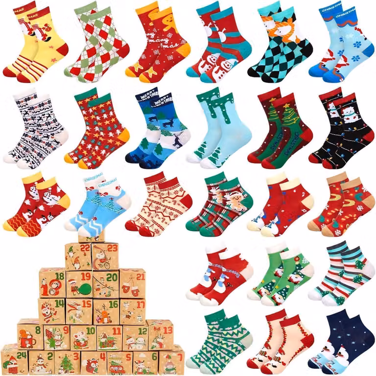 Calzini natalizi, calendario dell'Avvento con 24 paia e 24 scatoline regalo, adatti sia per uomo che per donna, in cotone, taglia unica