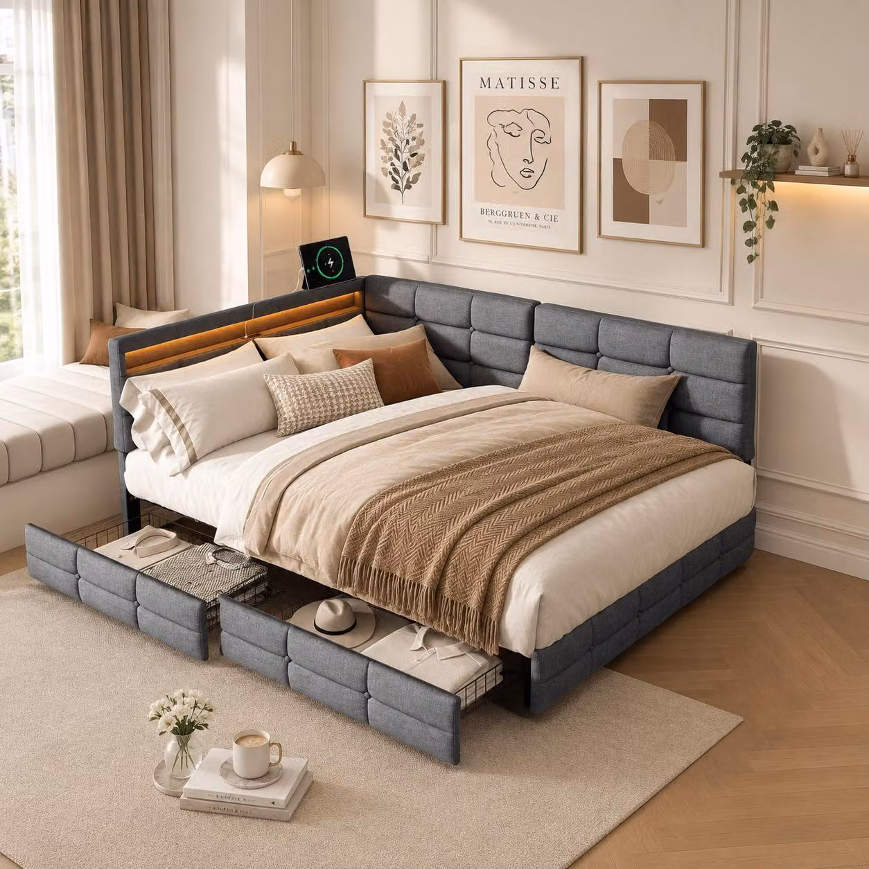 Letto imbottito INONEFT, 140 x 200 cm, con testiera a forma di L, letto per bambini con LED e 2 cassetti, letto matrimoniale con rete a doghe e porta USB, tessuto in lino, colore grigio