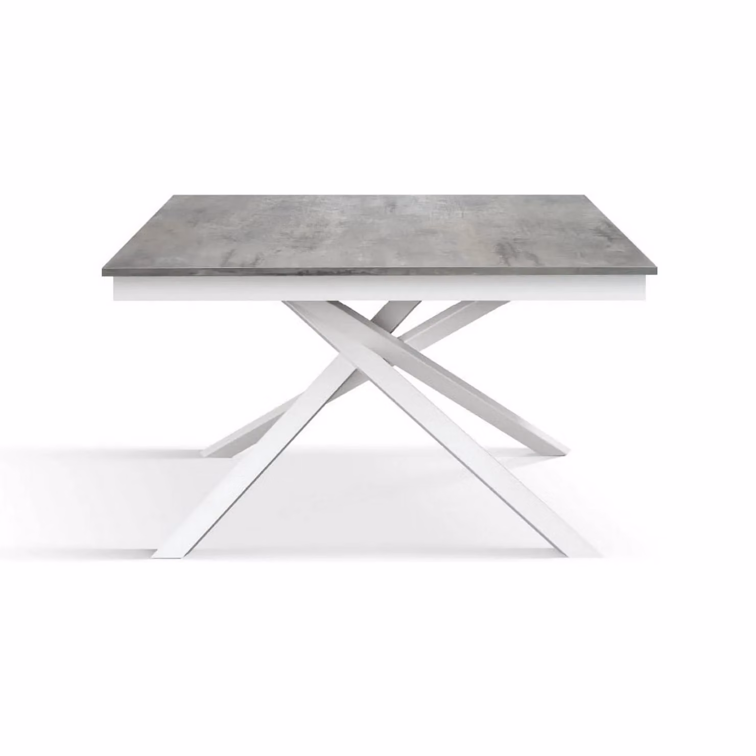 Tavolo VOLPAIA in legno, finitura grigio cemento e base in metallo verniciato bianco, allungabile 120×80 cm – 170×80 cm