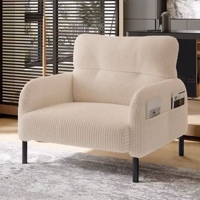 Poltrona REDOM in velluto a coste beige con tasca laterale e struttura in metallo L: 67 cm, P: 75 cm, H: 79 cm