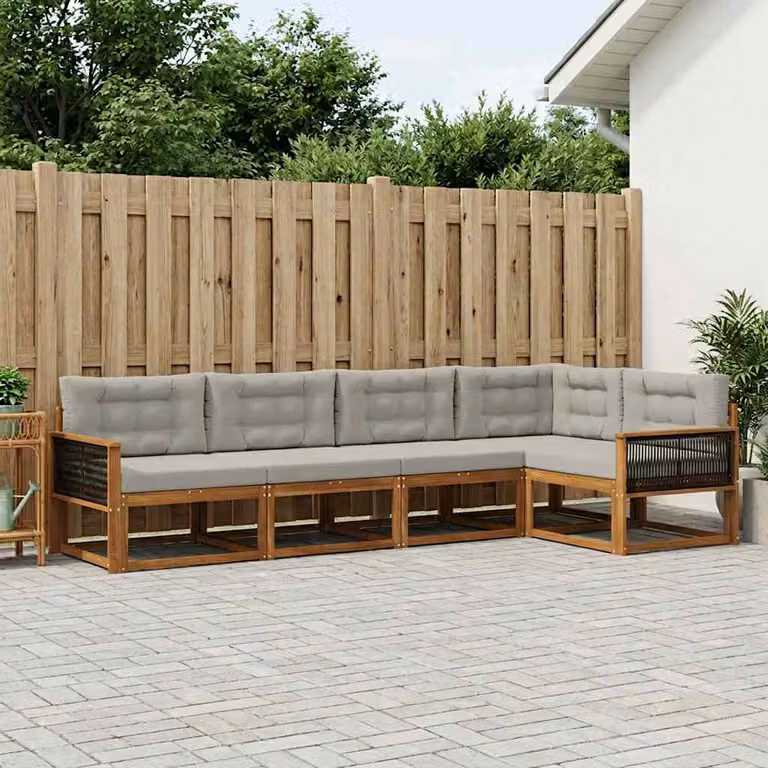 Set di divani da esterno vidaXL a forma di L in legno di acacia con cuscini, Naturale e Grigio chiaro