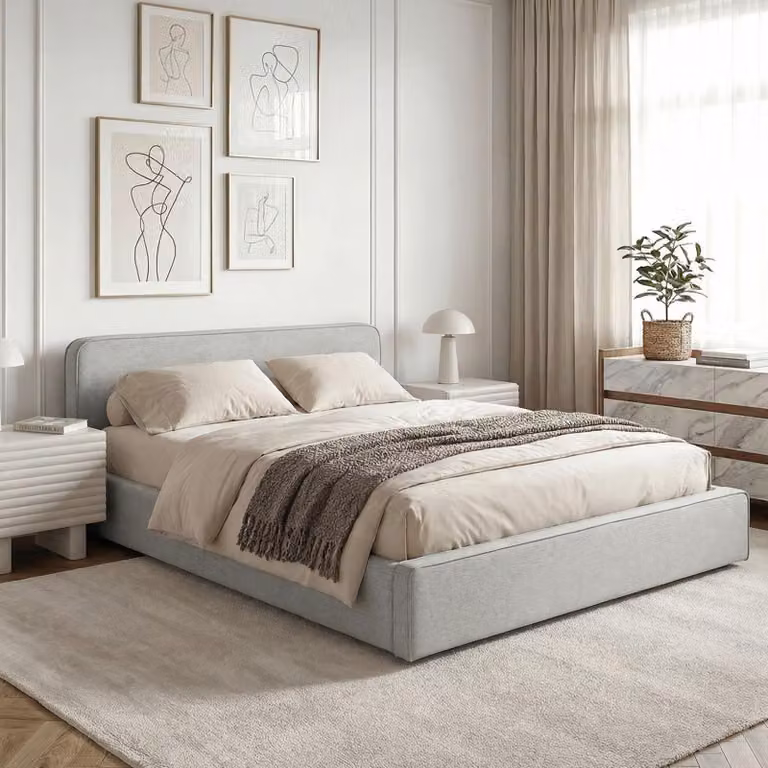 Letto imbottito MARINI matrimoniale 120x200 cm in grigio chiaro - Letto imbottito con rete a doghe, design moderno e robusta struttura in legno con piedini in plastica