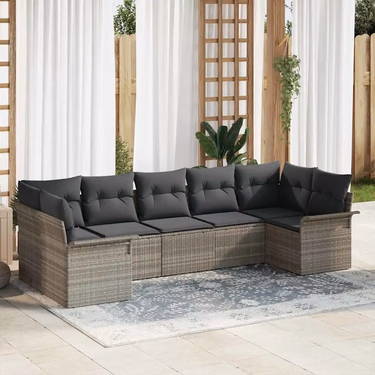 Set Divano da Giardino vidaXL 7 Pezzi a Forma di L Grigio con Cuscini e Tavolino in Vetro