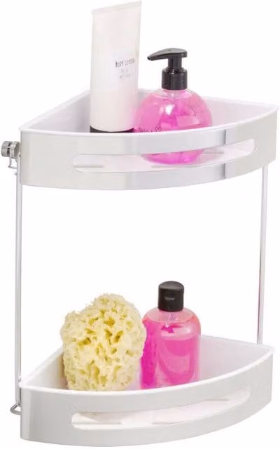 Mensola Angolare Wenko Premium Plus a 2 Piani in Acciaio Inox e Plastica, Colore Argento o Bianco, con Fissaggio Adesivo
