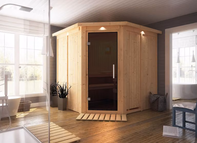 Sauna Karibu Jarin (ingresso ad angolo), porta tutto vetro, grafite, riscaldatore 9 kW controllo esterno semplice