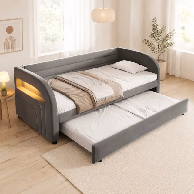 Letto singolo 90 × 200 cm con letto estraibile e illuminazione LED, senza materasso, in flanella, grigio