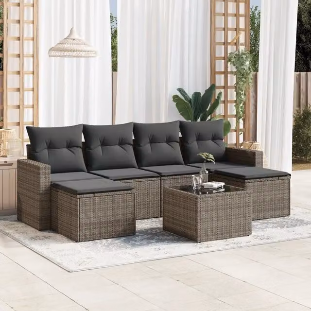 Set Divani da Giardino 7 pz con Cuscini Grigio in Polyrattan 3251667