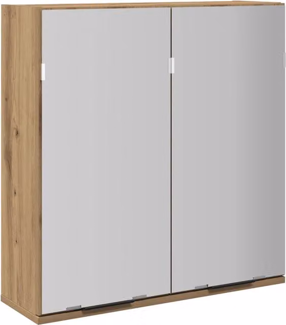 Armadio da Bagno Moderno con Specchio e Ante in Vetro, Rovere Marrone, Sospeso, L: 64 cm, H: 76,5 cm, P: 20 cm
