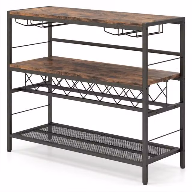 Portabottiglie e porta bicchieri da cucina in stile industrial con 4 ripiani, Marrone