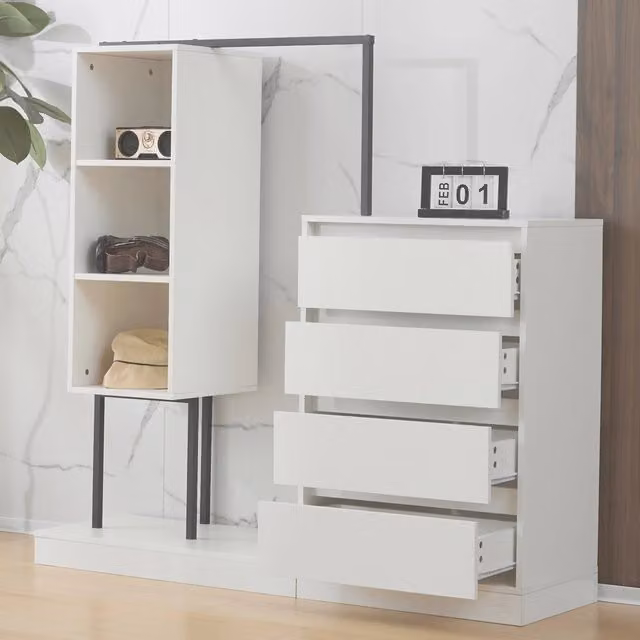 Armadio Multiuso REDOM in Legno e Metallo Bianco e Nero L: 140 cm, P: 40 cm, H: 135 cm