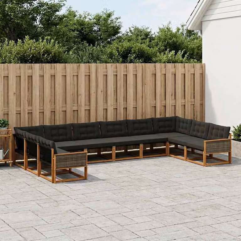 Set di divani da esterno vidaXL a forma di U in legno di acacia con cuscini rimovibili, Marrone e Nero