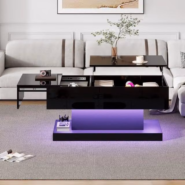 Tavolino da caffè MINIMAL con piano sollevabile e LED nero L 100 cm x P 50 cm x H 45 cm