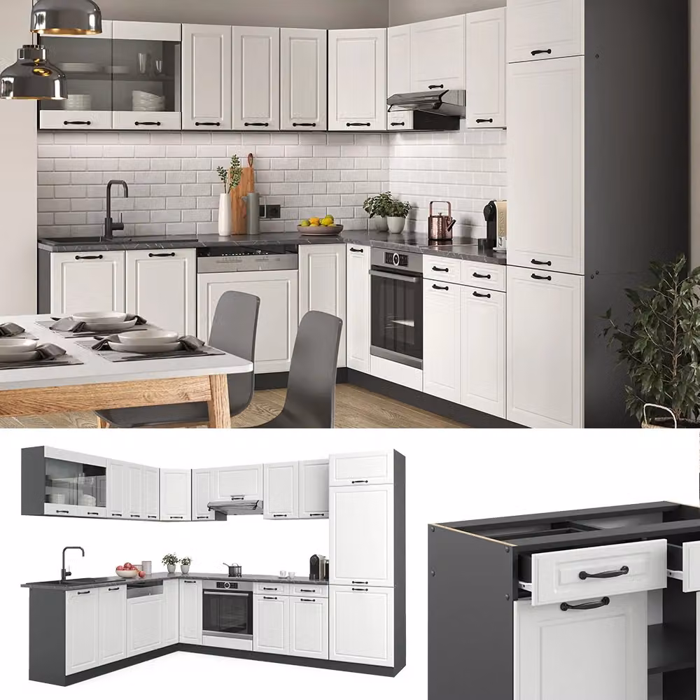 Cucina angolare completa R-Line Vicco in stile country house Bianco rustico e Antracite, L/P/H: 287 x 227 x 60 cm – 2