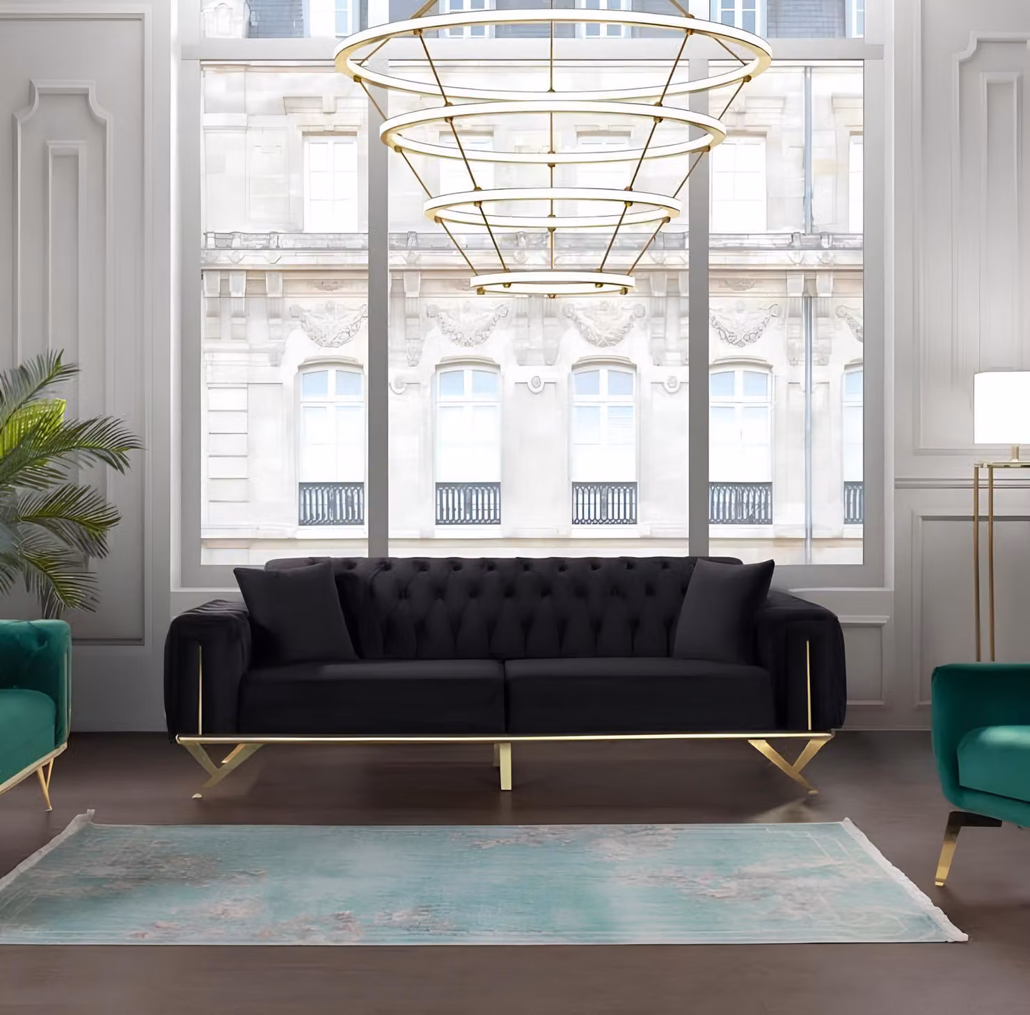 Schwarz Chesterfield Couch Dreisitzer Sitzpolster Couchen Sofa Möbel Samt Holz
