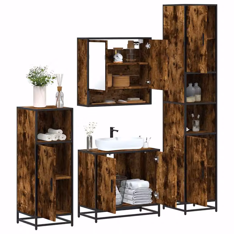 Set di mobili da bagno industrial vidaXL in legno e metallo marrone composto da armadietto con specchio, mobile lavabo, mobile laterale e colonna alta