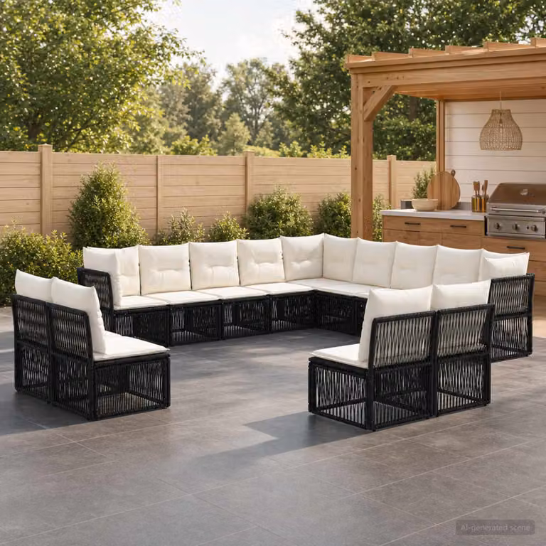 Set Divano da Giardino vidaXL 13 pz Nero in Polyrattan con Cuscini e Struttura in Acciaio Verniciato a Polvere