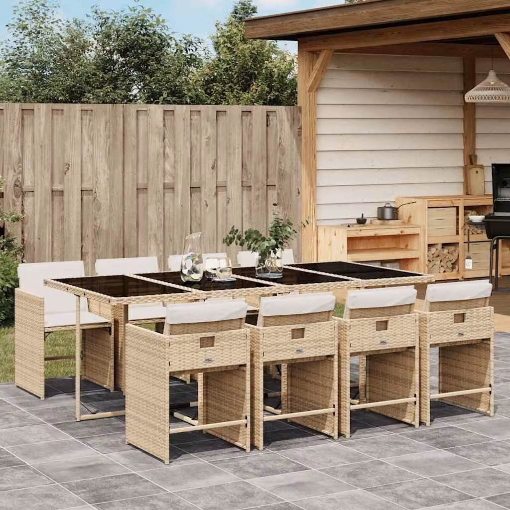 vidaXL Set da Pranzo da Giardino 9 pz in Polyrattan con Cuscini Beige e Tavolo in Vetro – 1