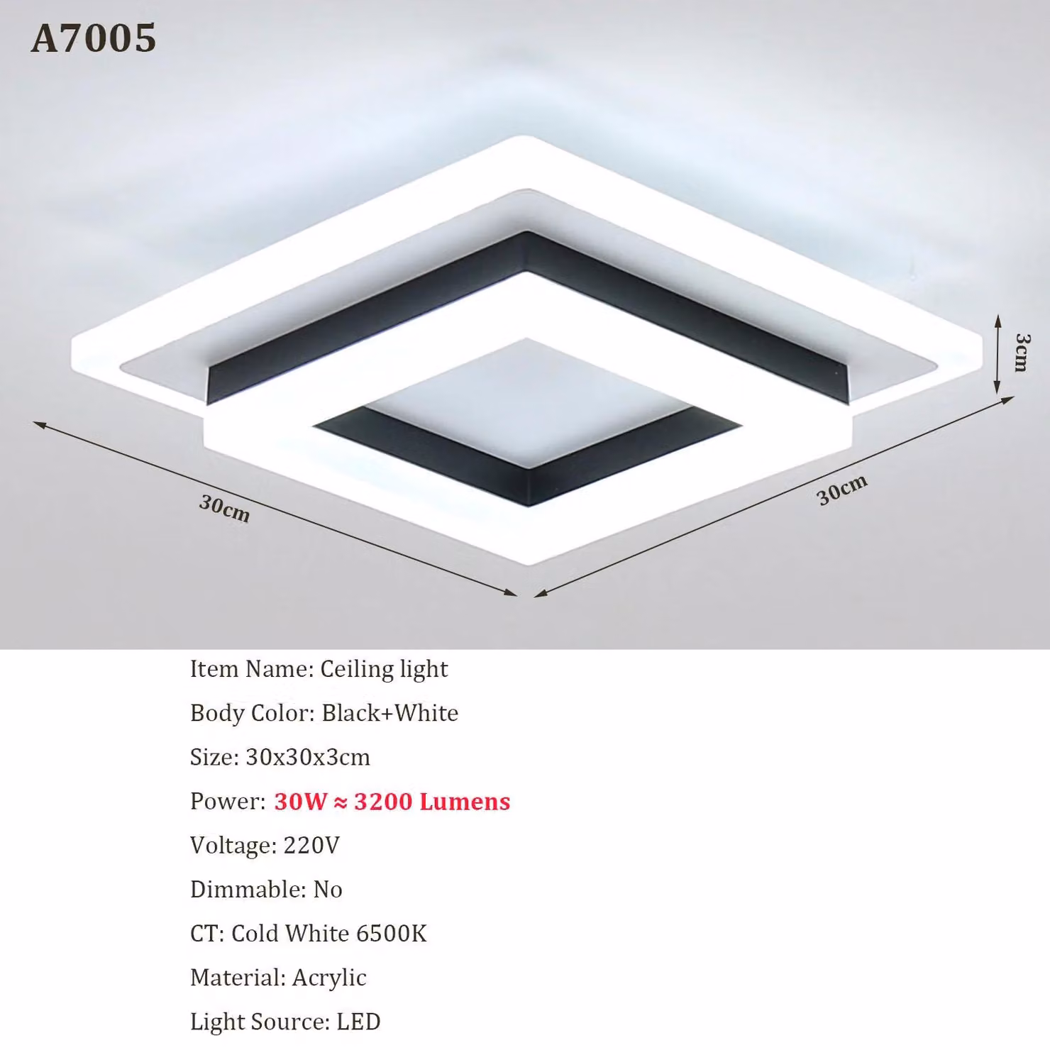Pannello LED quadrato - Modello A7005 - Materiale: acrilico - Temperatura di colore: 6500 K - Tensione: 220 V - Non dimmerabile - Adatto per ambienti di 3-5 m² - Montaggio a soffitto