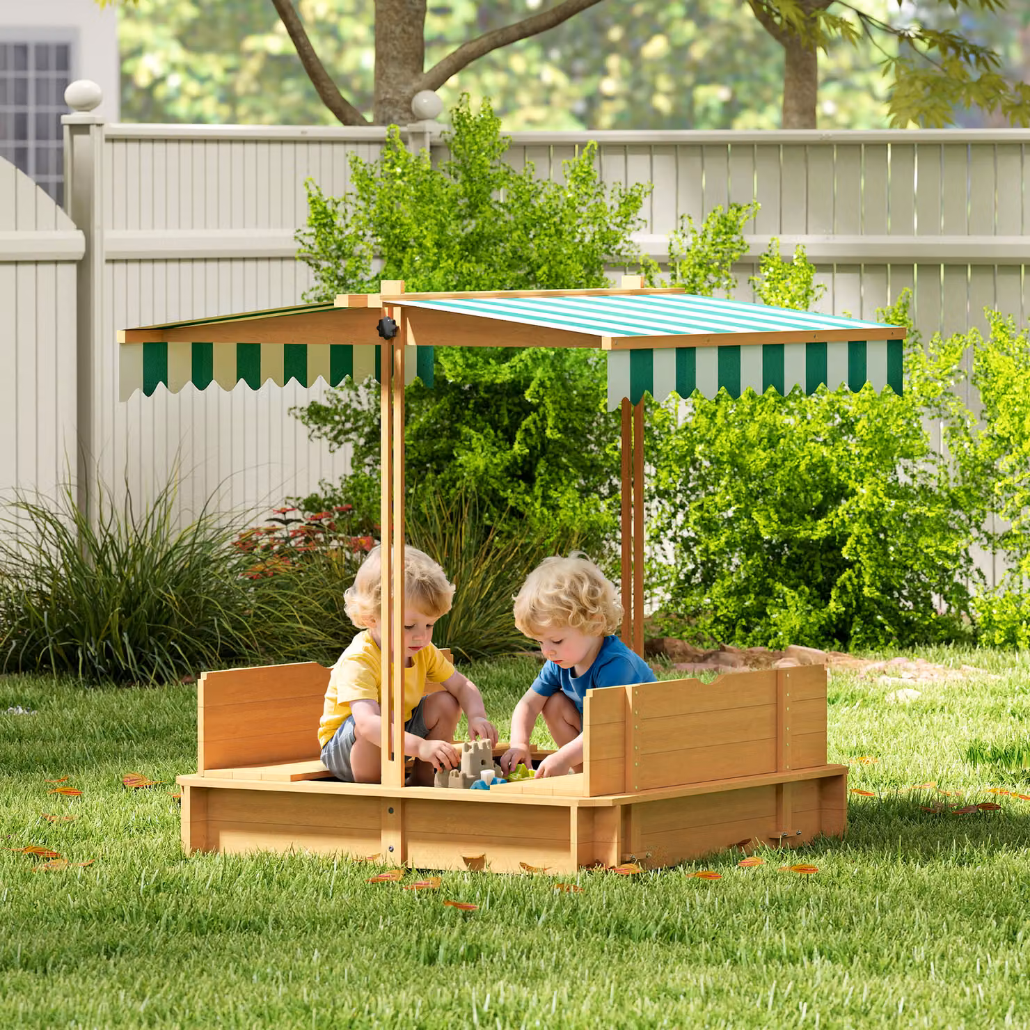 Sabbiera in legno Outsunny per bambini con copertura regolabile e panchine con schienale, Marrone chiaro, L: 106 cm, P: 106 cm – 2