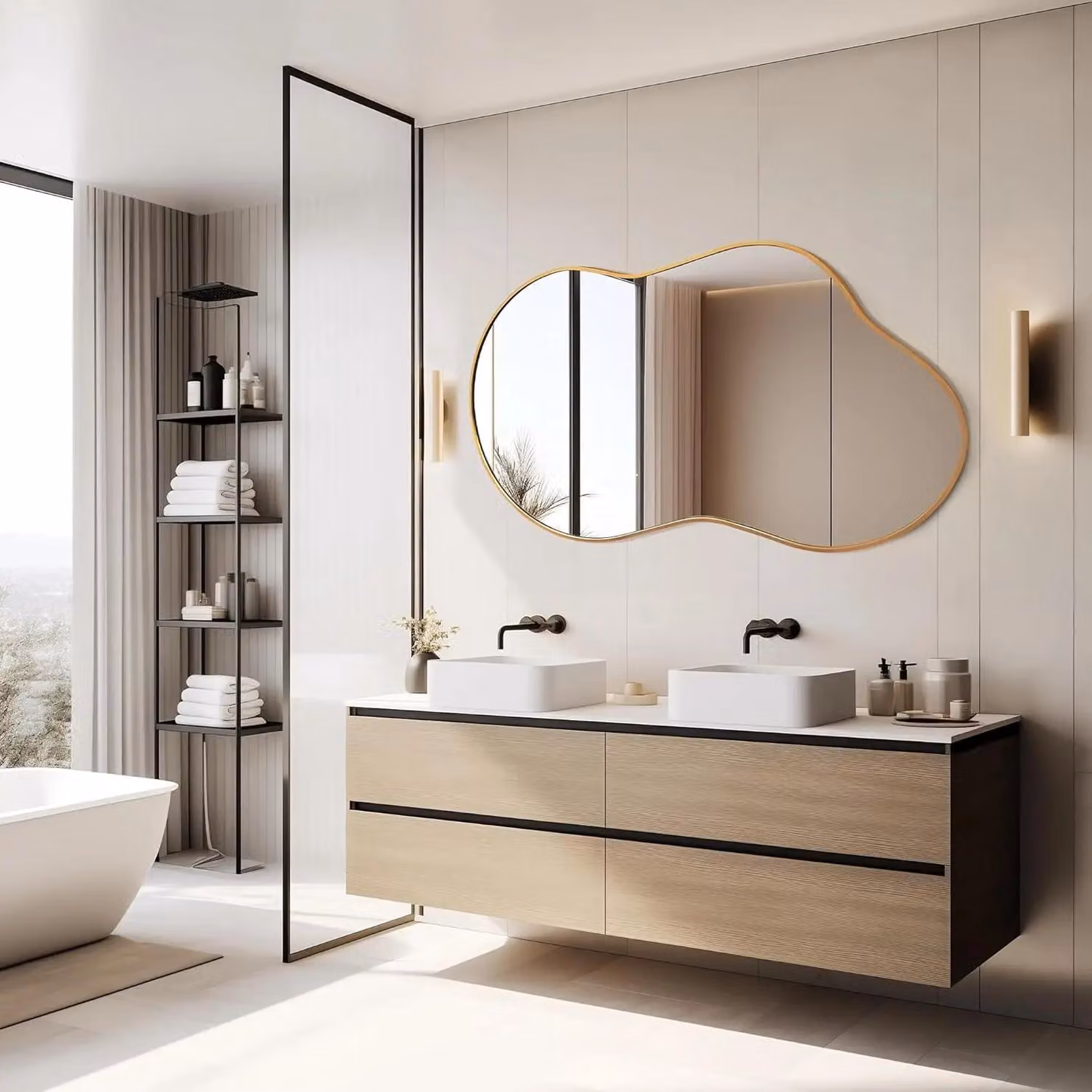 Specchio da parete - Specchio da bagno - A forma di nuvola - Specchio ingranditore per il trucco - Montaggio a parete - 20,3 cm - Cornice in metallo - Oro