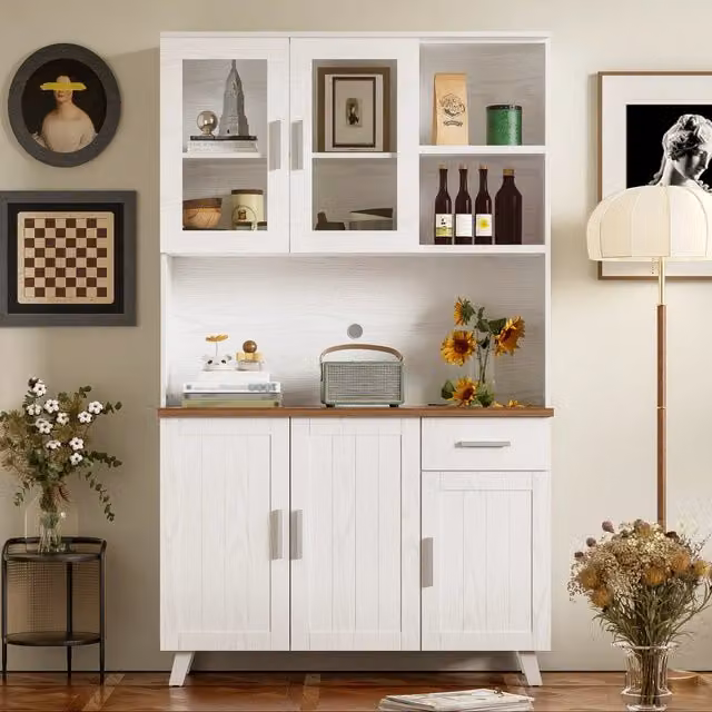 Sideboard Zephmum Bianco e Marrone in Legno Massello e MDF per Soggiorno e Sala da Pranzo L: 114 cm, P: 40 cm, H: 190 cm