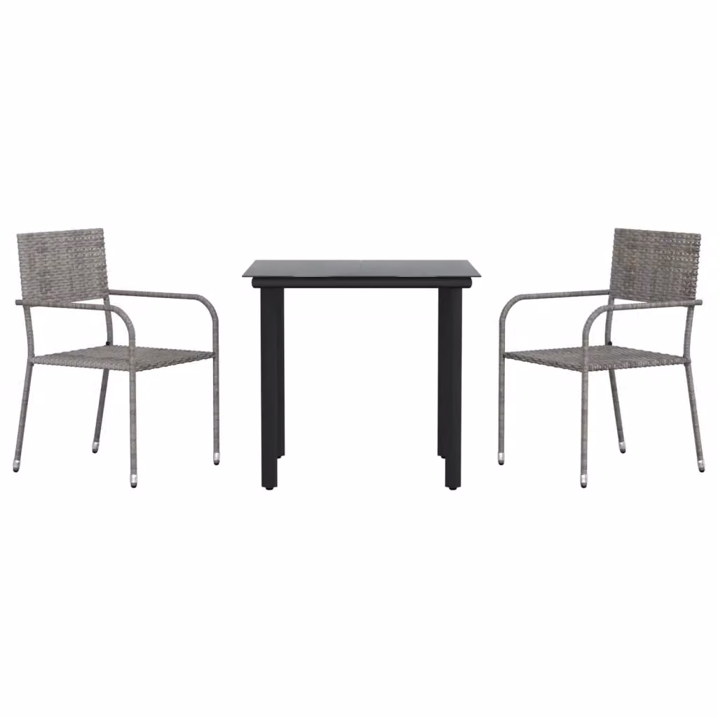 Set da pranzo da giardino VIDAXL in 3 pezzi in polyrattan e acciaio con piano in vetro, colori nero e grigio – 2