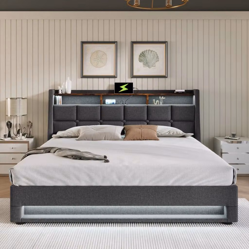 Letto matrimoniale contenitore OKWISH in lino grigio con illuminazione LED, porta USB e ripiano, L/P: 140 x 200 cm – 2