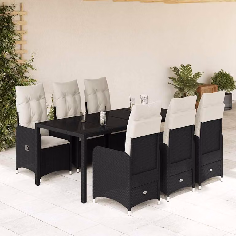 Set da Bistrò da Giardino e Balcone vidaXL in Polyrattan Nero con Cuscini e Piano in Vetro, 7 Pezzi