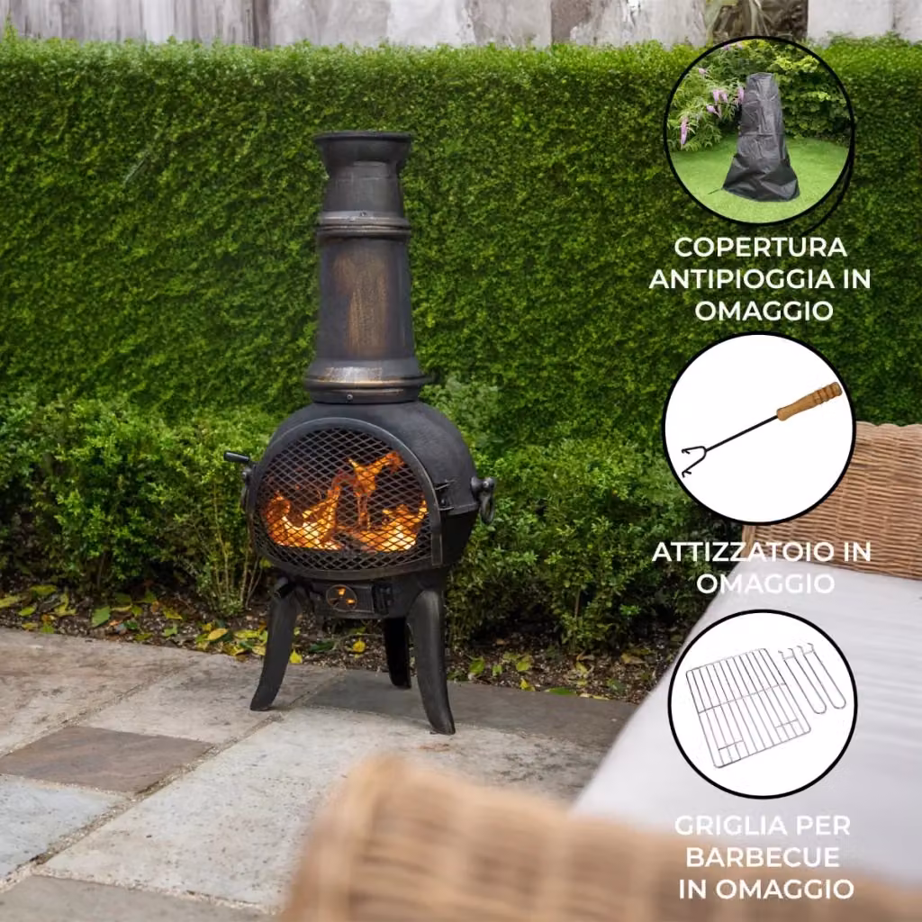 Caminetto da Giardino Chiminea Monster Shop in Ghisa con Canna Fumaria, Griglia e Copertura, Colore Nero o Bronzo, H: 110 cm, L: 48 cm, P: 50 cm – 2