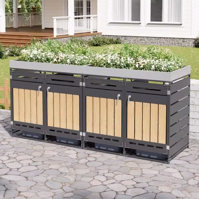 Box copribidoni a 4 scomparti con fioriera integrata in ferro; nera; 262×79×120 cm