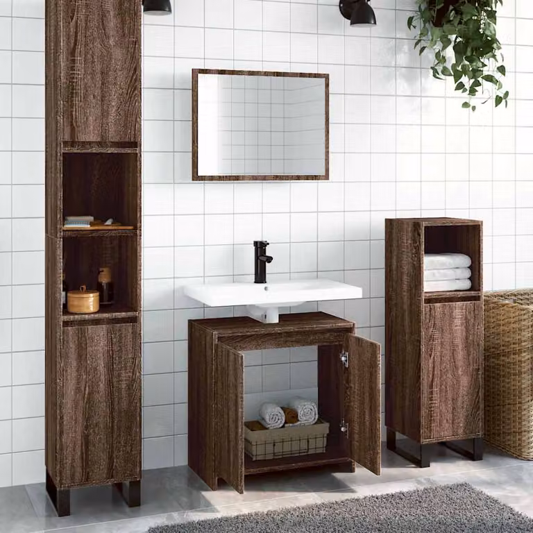 Set di mobili da bagno moderno vidaXL composto da mobile lavabo e armadietto specchio in legno color rovere marrone L/P/H: 60 x 33 x 61 cm