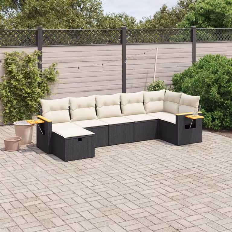 Set di Divani da Giardino vidaXL a Forma di L con 7 Pezzi e Cuscini, Polyrattan e Metallo, Nero e Bianco