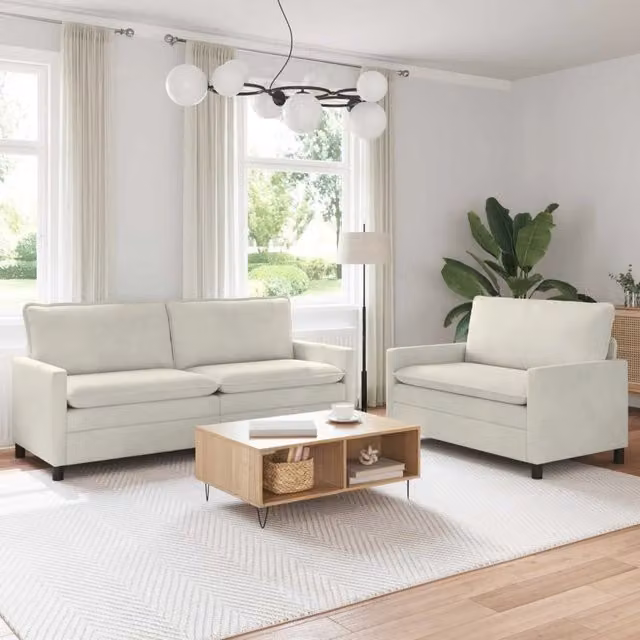 Set di 2 divani moderni vidaXL in velluto beige con cuscini inclusi e coperture rimovibili – 1