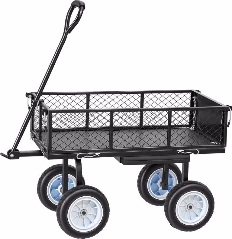 SucceBuy Carrello pieghevole con capacità di carico di 226,8 kg, carrello da giardino con sedile e ruote in PU, carrello di trasporto con ripiano per attrezzi e maniglia regolabile, ideale per prato, terrazza e giardino, nero