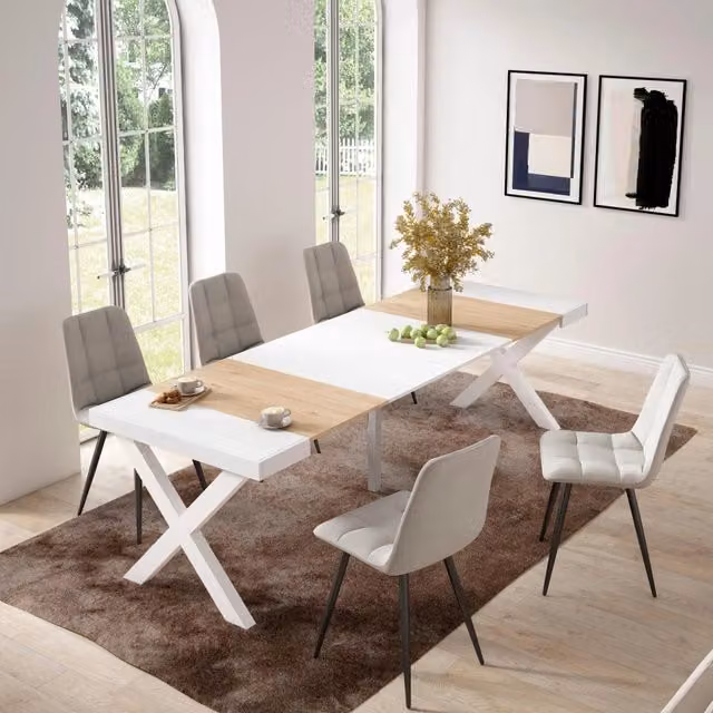 Consolle allungabile, 58 fino 262x90x73cm, Per 12 persone, Gambe in legno, colore Rovere e bianco RF2814