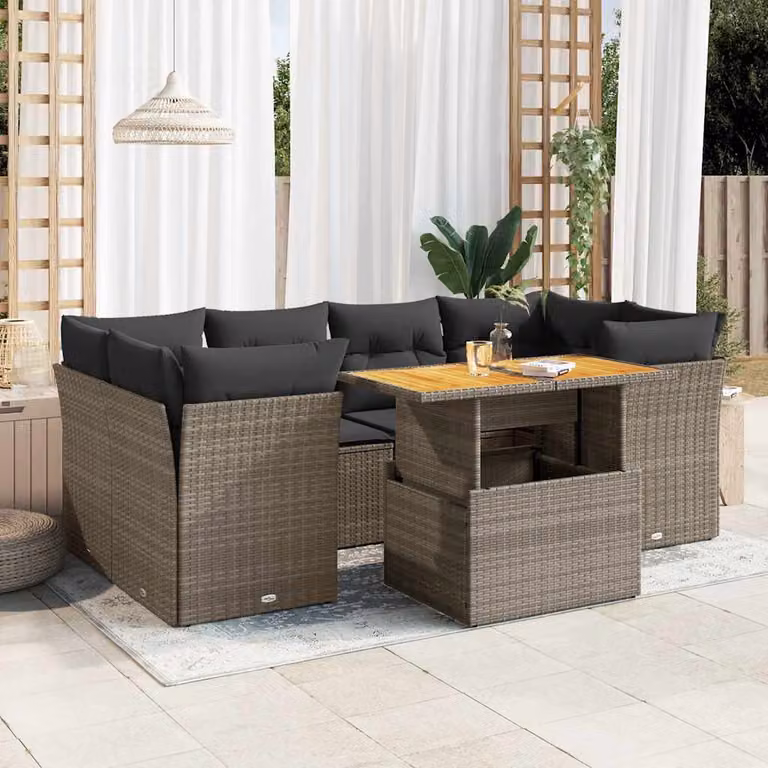 Set Divani da Giardino vidaXL 7 pz in Polyrattan Grigio con Cuscini e Tavolino da Esterno
