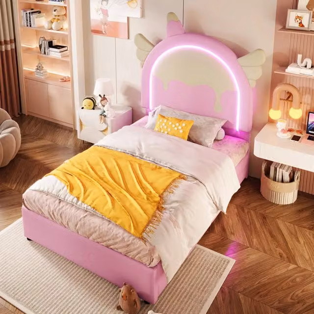 Letto singolo per bambini OKWISH con tema unicorno, colore rosa e dettagli multicolore, dotato di 2 cassetti e illuminazione sottostante, L/P/H: 90 x 200 x 105 cm