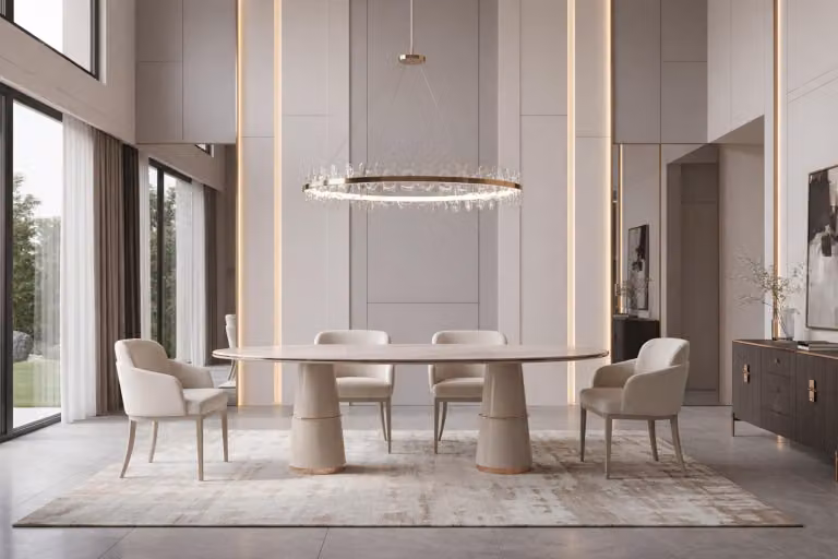 Lussuoso set da pranzo color beige: grande tavolo da pranzo, sedie e mobili da sala da pranzo