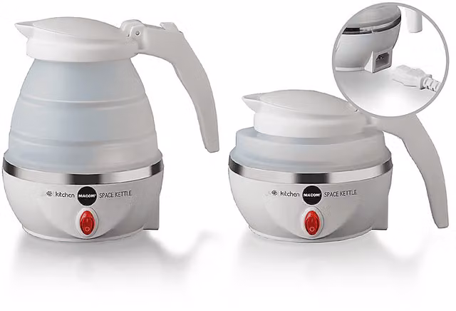 Bollitore MACOM SPACE KETTLE in acciaio inossidabile e silicone, bianco, pieghevole per viaggi con spegnimento automatico
