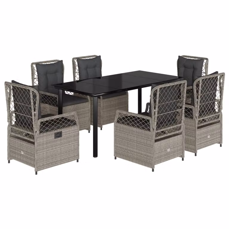 Set da Pranzo da Giardino 7 pz Cuscini Polyrattan Grigio Chiaro
