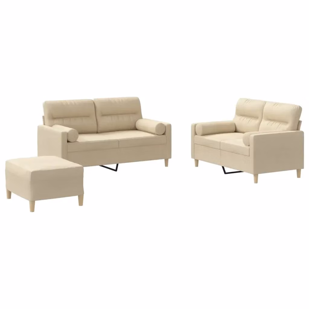 Set di divani moderno vidaXL composto da un divano a 2 posti e un pouf in tessuto beige con cuscini inclusi – 2