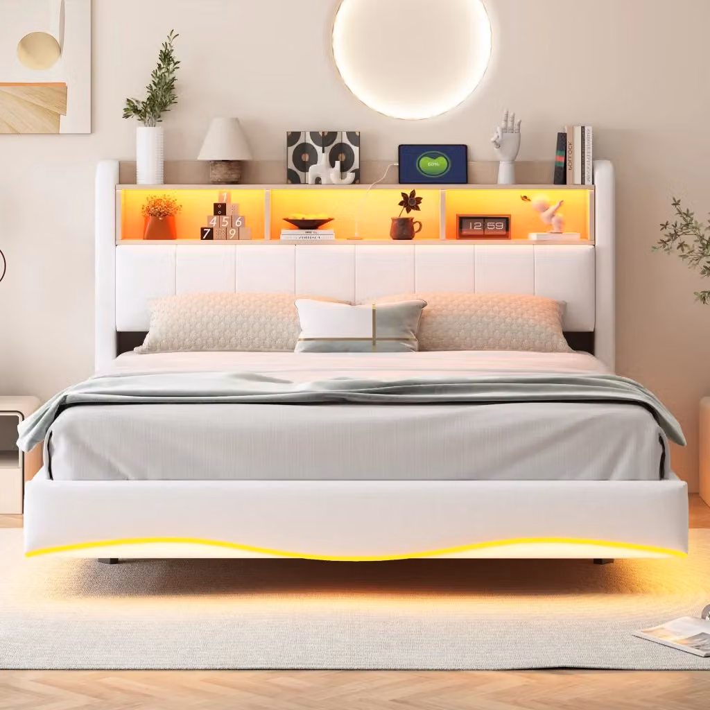 Letto matrimoniale OKWISH moderno in tessuto beige con vano contenitore, illuminazione sottostante, porta USB e ripiani laterali, L/P/H: 160 x 200 x 110,5 cm – 2