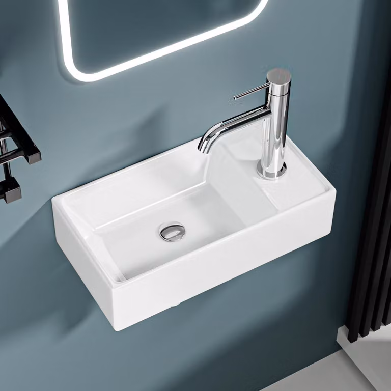 Lavabo in Vetroceramica con bordo, 41,5x22x10 cm, bianco lucido