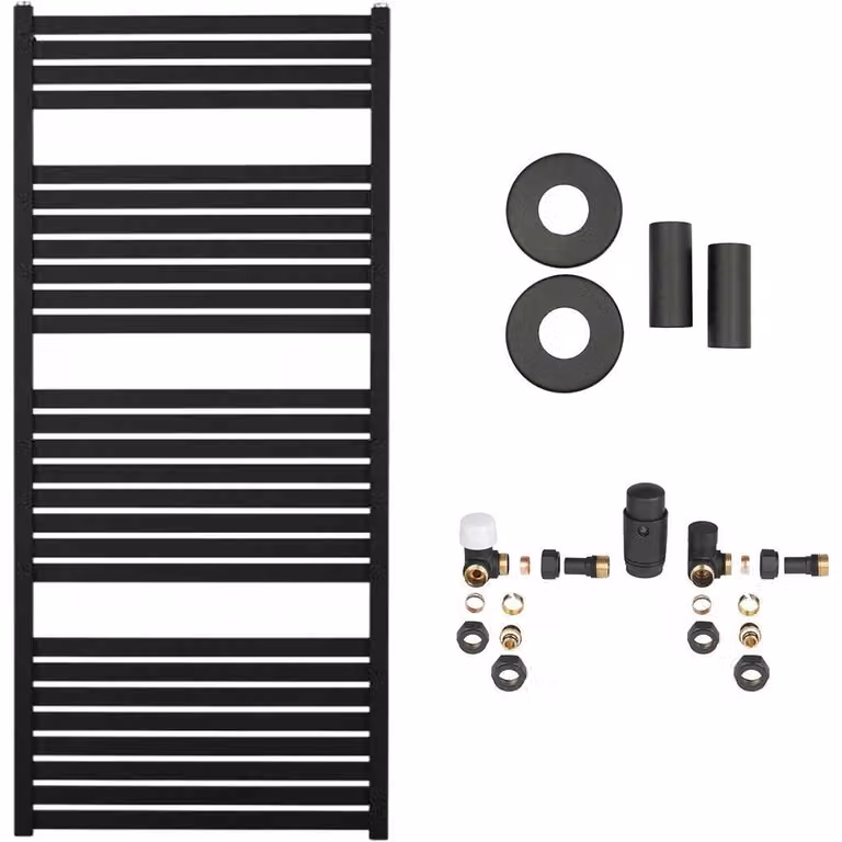 Set radiatore per bagno Vincenzo - riscaldamento centralizzato - attacco laterale - 600W - nero opaco - 1330x600 mm