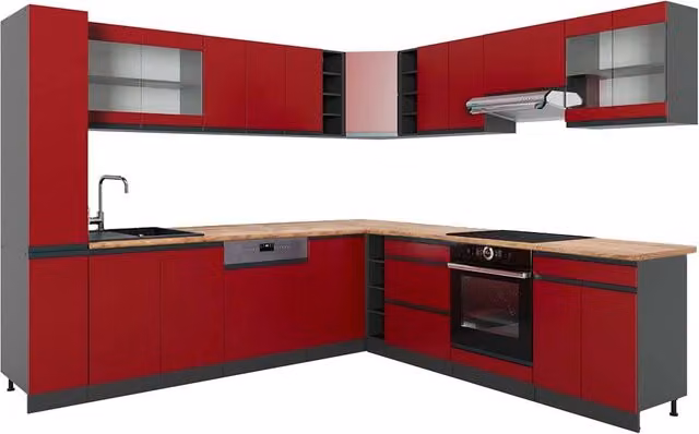 Cucina angolare completa R-Line Vicco in stile moderno, colore Rosso e Antracite con dettagli in Rovere, configurazione J-Shape, L/P: 277 x 257 cm