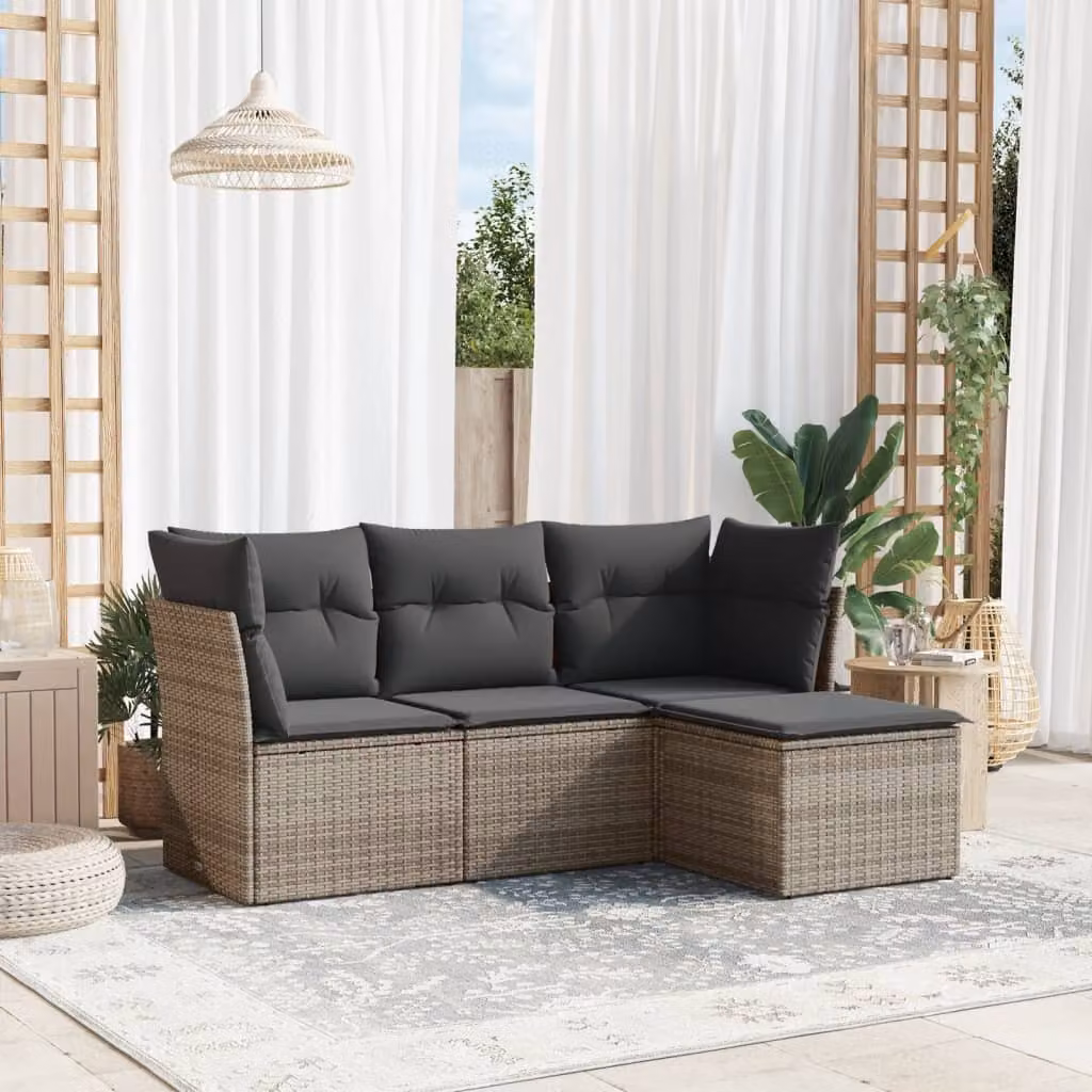 vidaXL Set Divani da Giardino 4 pz in Polyrattan Grigio con Cuscini e Ottoman – 1